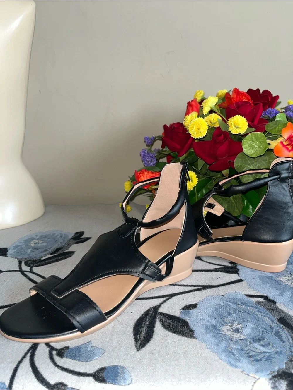 Women's Black Ankle-Strap Low Wedge Sandals